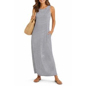 Lands End Striped Maxi Dress Sleeveless Size L Cotton Casual Relaxed Nautical